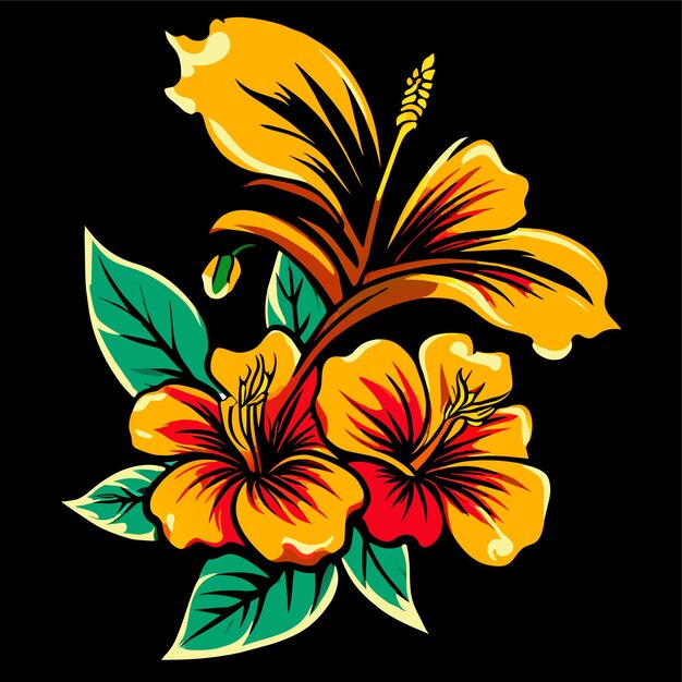 Vector ilustración de una rama de estilo realista de una palmera tropical con flores de hibisco