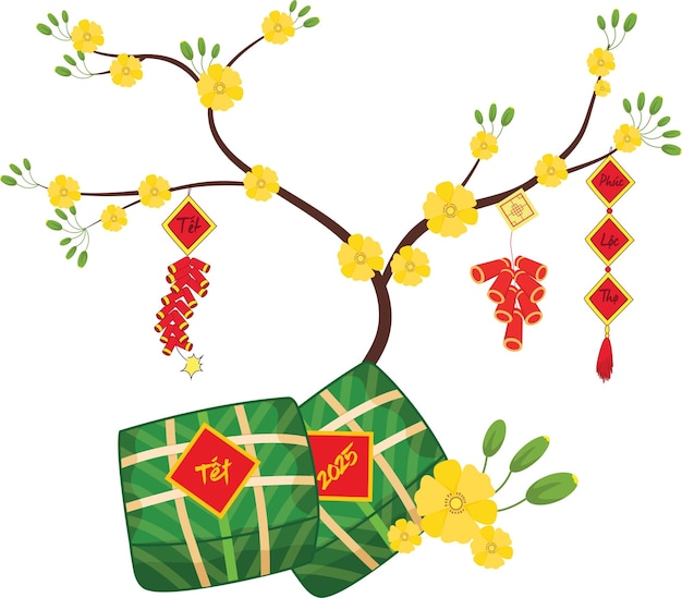 Ilustración de una rama en flor con decoraciones