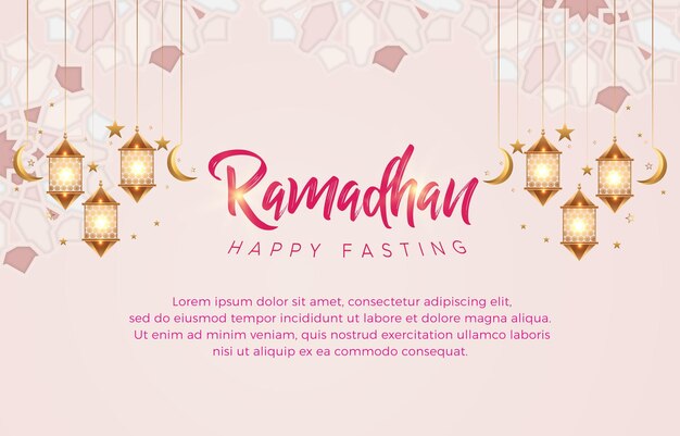 Ilustración de ramadán kareem de ayuno feliz con hermoso adorno islámico de lujo brillante y diseño de fondo rosa y blanco degradado abstracto