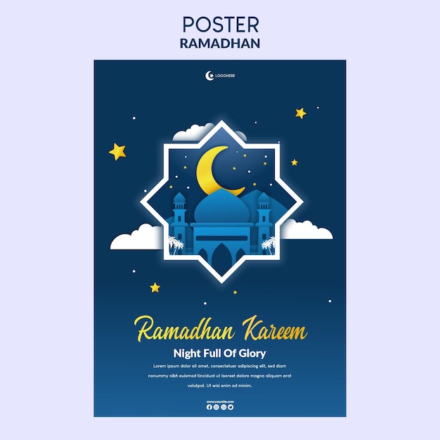 Ilustración de ramadan kareem en estilo de corte de papel Plantilla de póster
