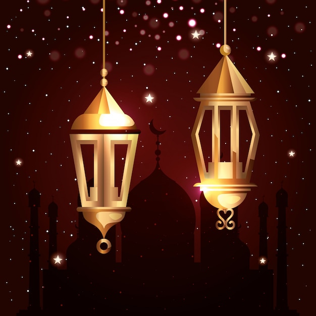 Ilustración de Ramadán Kareem con linternas colgando