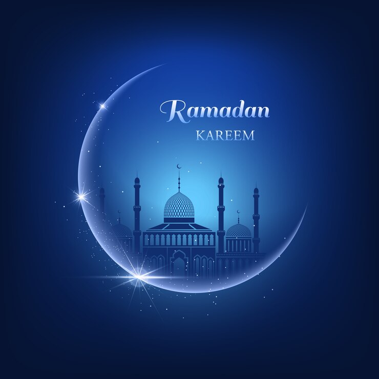 Vector ilustración de ramadán kareem con luna, destellos, brillos, mezquita azul sobre un fondo de cielo azul nocturno y texto de ramadán kareem. hermosa tarjeta de felicitación para el festival de la comunidad musulmana.