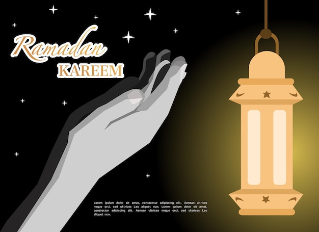 Ilustración de Ramadán Kareem con manos rezando en la noche oscura Plantilla de invitación redes sociales