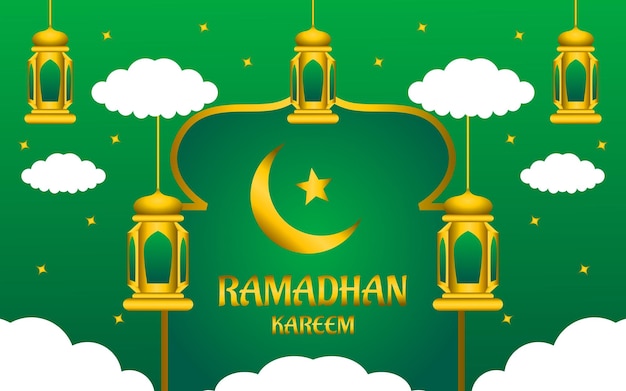 Ilustración de ramadan kareem con mezquita y linterna sobre fondo negro