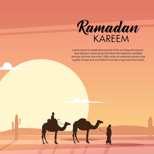 Vector ilustración de ramadan kareem con paisaje desértico hermoso cielo brillante en el desierto con camello