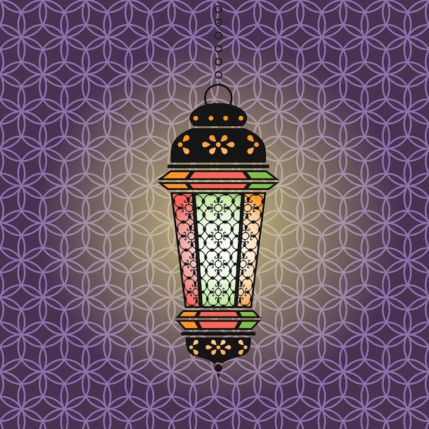 Ilustración de ramadán con linterna colgante iluminada sobre fondo de color árabe