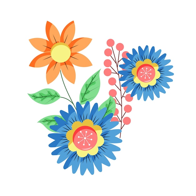 Ilustración de ramas florales coloridas dibujadas a mano sobre un fondo blanco