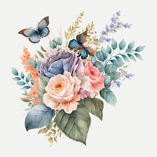 Ilustración de ramo floral acuarela con mariposa rubor rosa azul amarillo flores vivas Plantilla de elementos decorativos Ilustración de dibujos animados plana aislada sobre fondo blanco