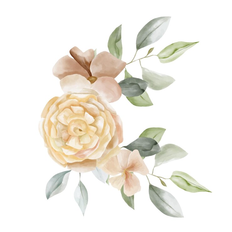 Ilustración de ramo floral acuarela rubor rosa azul amarillo flor hoja verde hojas ramas
