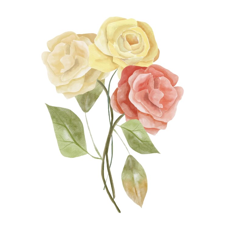 Ilustración de ramo floral acuarela rubor rosa azul amarillo flor hoja verde hojas ramas