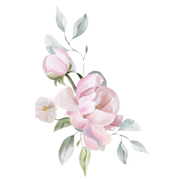 Ilustración de ramo floral acuarela rubor rosa azul amarillo flor hoja verde hojas ramas