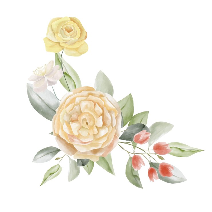 Ilustración de ramo floral acuarela rubor rosa azul amarillo flor hoja verde hojas ramas