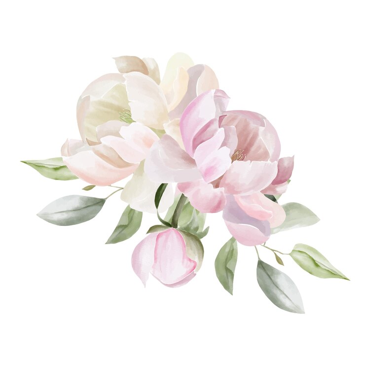 Ilustración de ramo floral acuarela rubor rosa azul amarillo flor hoja verde hojas ramas