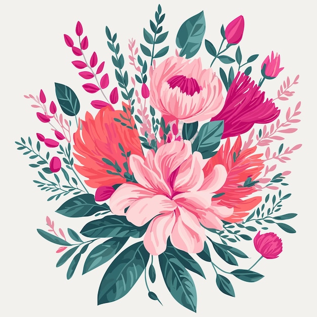 Vector ilustración de ramo floral de acuarela vectorial con flores vivas de color rosa brillante y hojas verdes decorativas