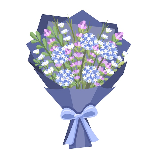 Ilustración de un ramo de flores azul oscuro con flores azules púrpuras y blancas
