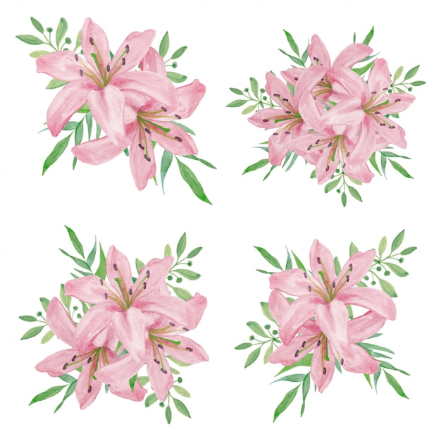 Vector ilustración de ramo de flores de lirio rosa acuarela