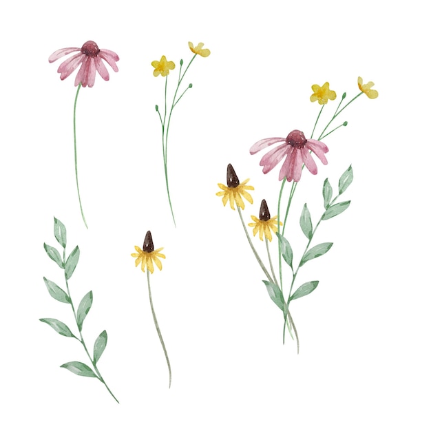 Ilustración de un ramo de flores silvestres en acuarela para tarjetas e invitaciones