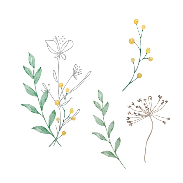 Ilustración de un ramo de flores silvestres en acuarela para tarjetas e invitaciones