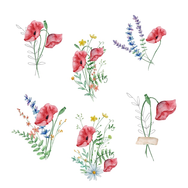 Vector ilustración de un ramo de flores silvestres en acuarela para tarjetas e invitaciones