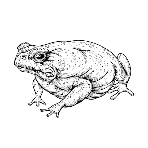 Una ilustración de rana dibujada con pluma y tinta.
