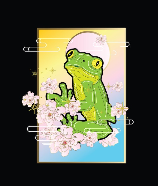 Ilustración de rana con fondo de estilo japonés