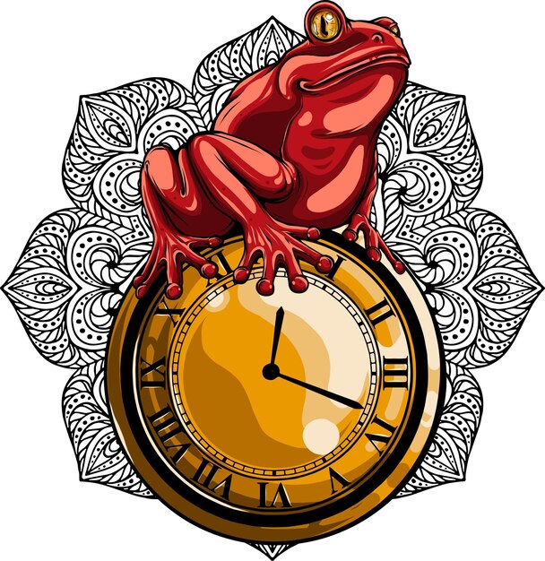 Vector ilustración de rana sentada en el reloj