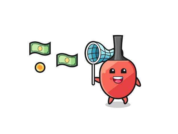 Ilustración de la raqueta de tenis de mesa atrapando dinero volador lindo diseño