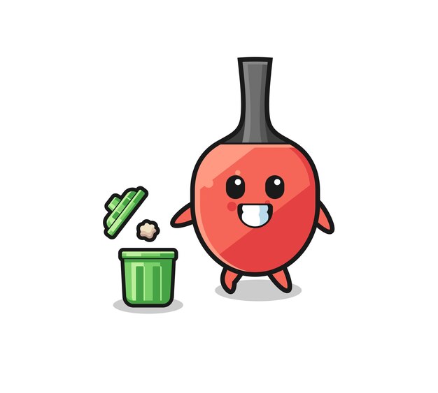 Ilustración de la raqueta de tenis de mesa tirando basura en el bote de basura