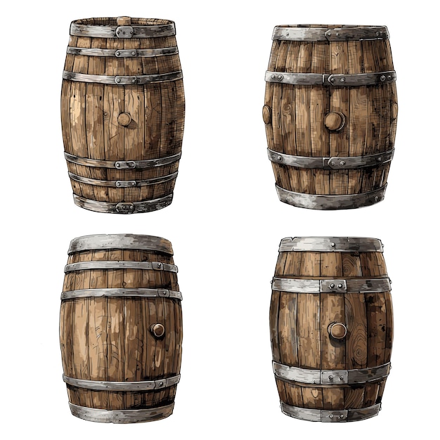 Ilustración de raster de grabado en color de un barril de roble aislado sobre un fondo blanco