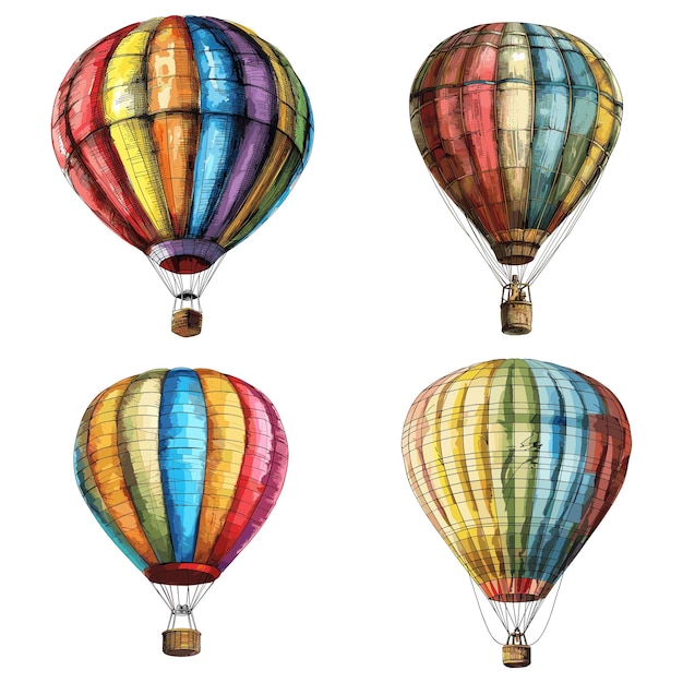 Ilustración de raster de grabado en color de globo de aire aislado sobre fondo blanco