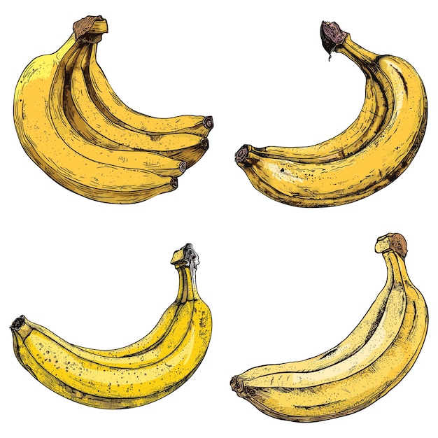 Ilustración de raster de grabado en color de plátano aislada sobre un fondo blanco