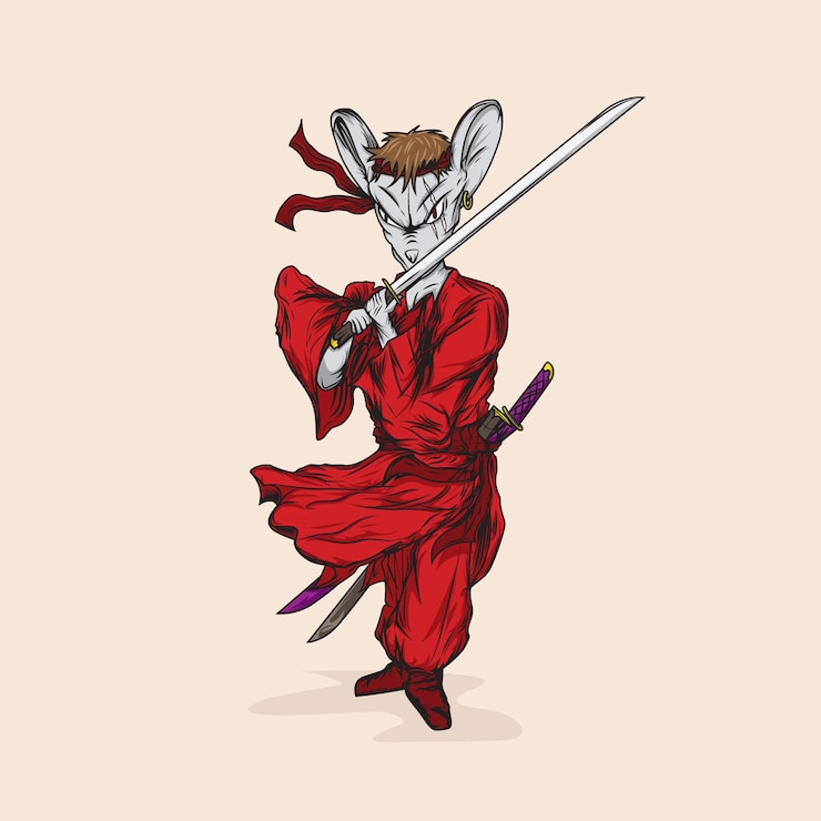 Vector ilustración de rata gris en traje de samurai japonés con dos espadas