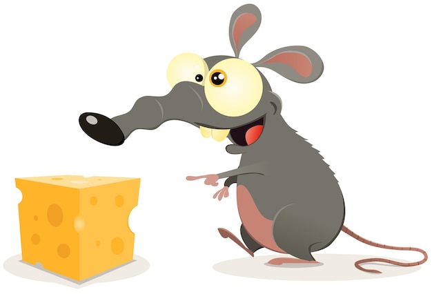 Ilustración de un ratón de dibujos animados o rattus norvegicus encontrando un trozo de queso para comer