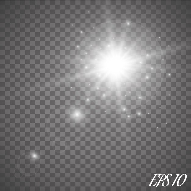 Ilustración de los rayos de luz de llamarada abstracta. Un conjunto de estrellas, luz y resplandor, rayos y brillo. Efecto de luz brillante.