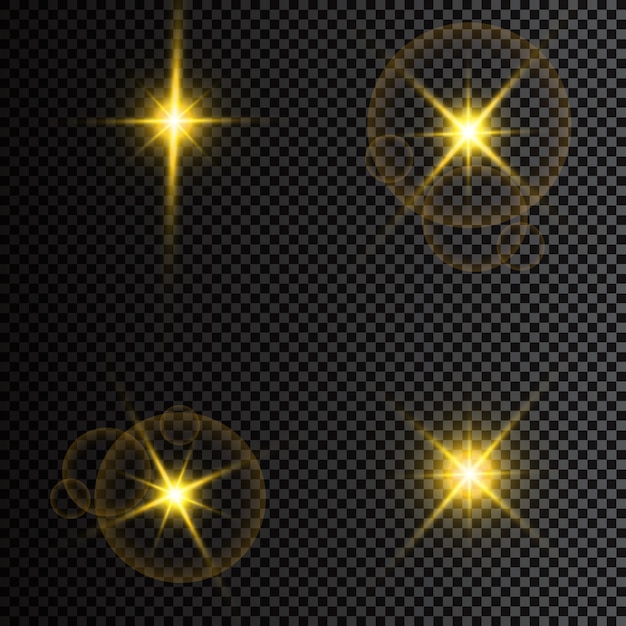 Ilustración de rayos de luz de llamarada abstracta. Un conjunto de estrellas, luz y resplandor.