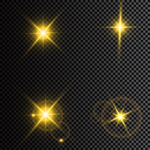 Ilustración de rayos de luz de llamarada abstracta. Un conjunto de estrellas, luz y resplandor.