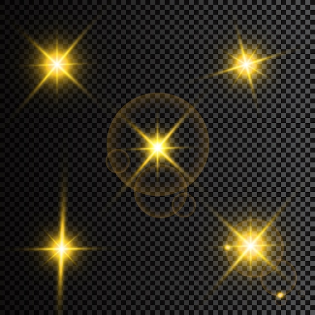 Vector ilustración de rayos de luz de llamarada abstracta. un conjunto de estrellas, luz y resplandor.