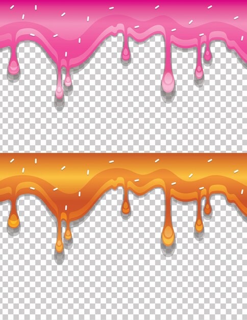 Ilustración realista colorida de una gota de jarabe dulce líquido. Caramelo y crema rosa para dulces con una pizca de color blanco aislado del fondo