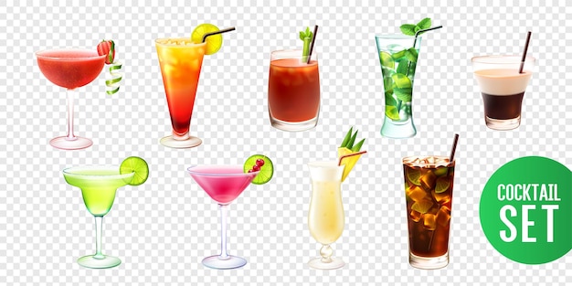 Vector ilustración realista con diez cócteles alcohólicos aislados