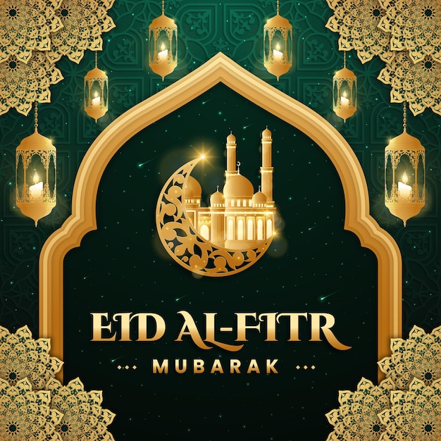 Ilustración realista de eid al fitr con mezquita y vela