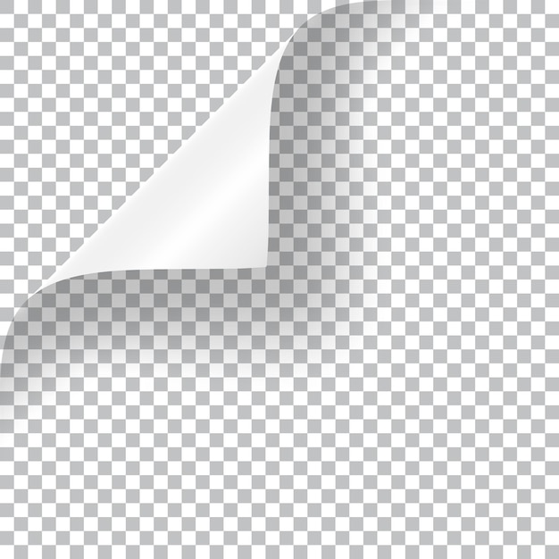 Ilustración realista de la esquina de la página rizada con sombra transparente. Listo para aplicar a su diseño. Elemento gráfico para documentos, plantillas, carteles, folletos.