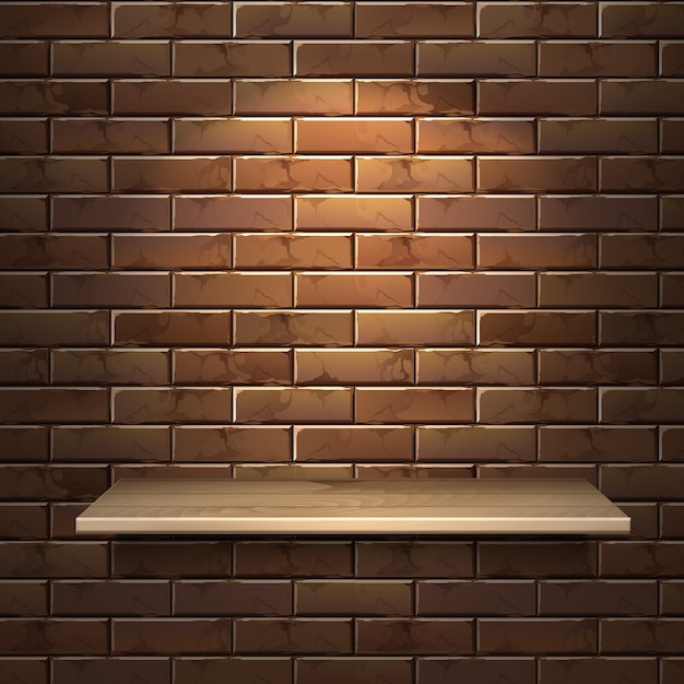 Ilustración realista de estante de madera vacío aislado sobre fondo de pared de ladrillo