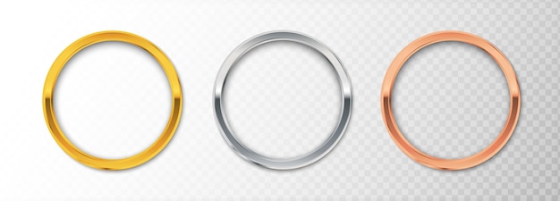 Ilustración realista del icono vectorial Conjunto de círculos metálicos en oro, plata y bronce