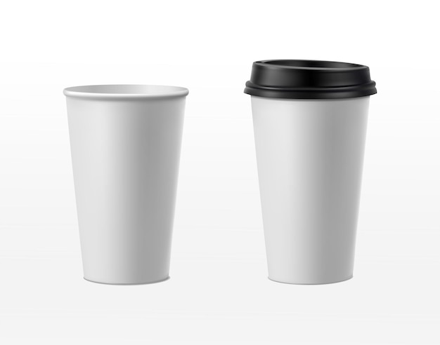 Vector ilustración realista del icono vectorial taza de café de papel con tapa negra y sin