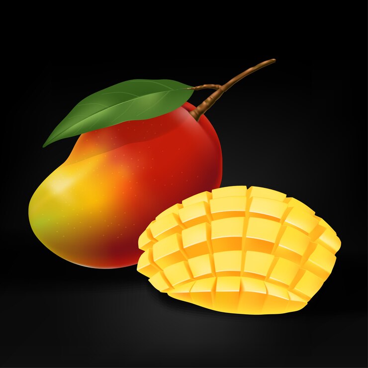 Ilustración realista de mango con hojas y rodajas de mango en fondo negro