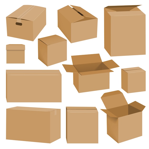 Vector ilustración realista de maquetas de cajas de cartón para web.