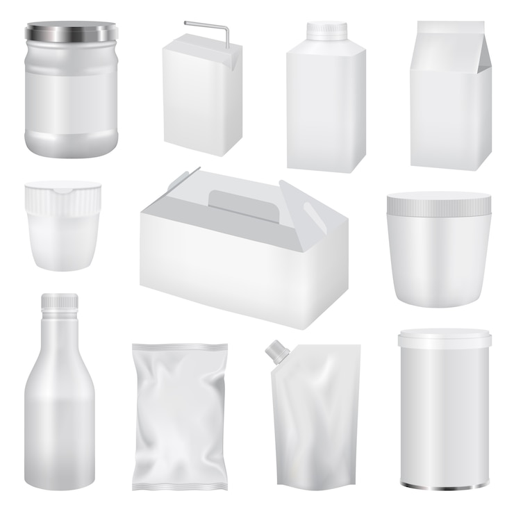 Vector ilustración realista de maquetas de pack de alimentos para web.
