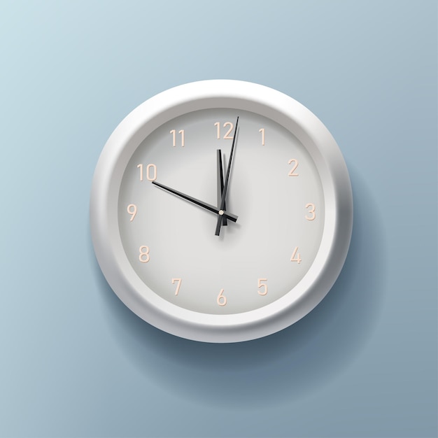 Ilustración realista de reloj analógico 3d con números y flechas que señalan minutos, horas y segundos, icono blanco, luz y sombra