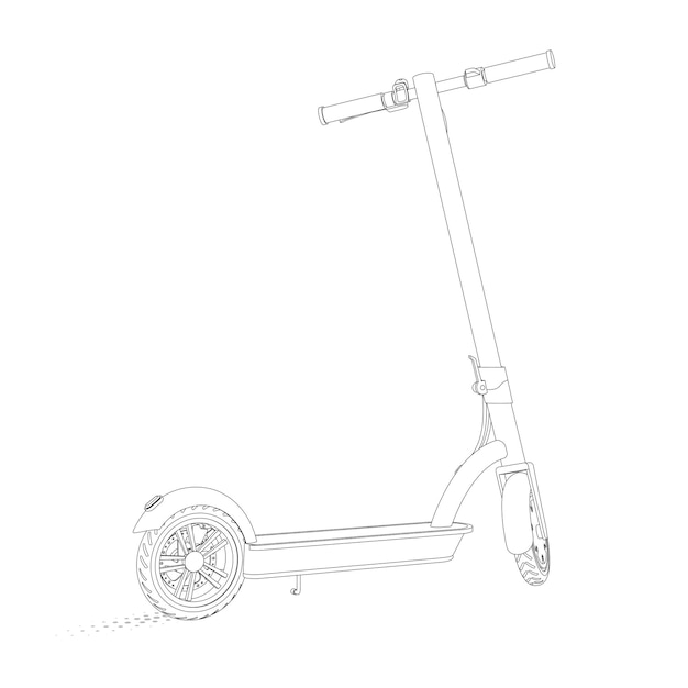 Ilustración realista de un scooter eléctrico en un estilo lineal sobre fondo blanco. Vista de perspectiva.