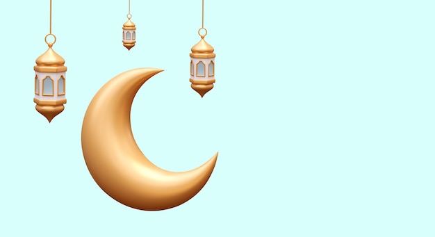 Ilustración realista con textura metálica Media luna dorada colgando linternas árabes